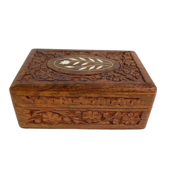 Vintage Wood Trinket Box Hand Carved Inlay Jewelry Box Storage - Picture 3 of 9